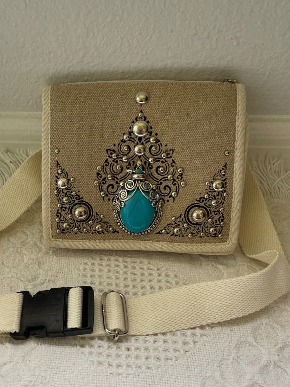 Vintage Y2K Boho Beige Canvas Crossbody Bag Turquoise Jewel Embellished Festival
